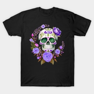 Purple Floral Dia De Los Muertos Sugar Skull T-Shirt